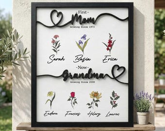 Letrero floral personalizado para el mes de nacimiento de la abuela, placa de madera personalizada con los nombres de los niños, regalo para el Día de la Madre: de mamá a abuela.