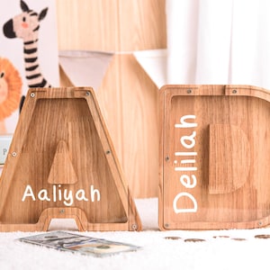 Hucha de madera con nombre personalizado, hucha de madera con letras para niños, regalo de cumpleaños para niños, regalo de fiesta de madera para niños.