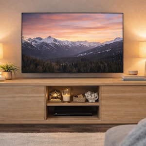May include: A modern entertainment center with a large flat-screen TV displaying a mountain landscape. Two lamps with beige shades flank the TV. The wooden cabinet has storage and display areas, with decorative items and a candle.