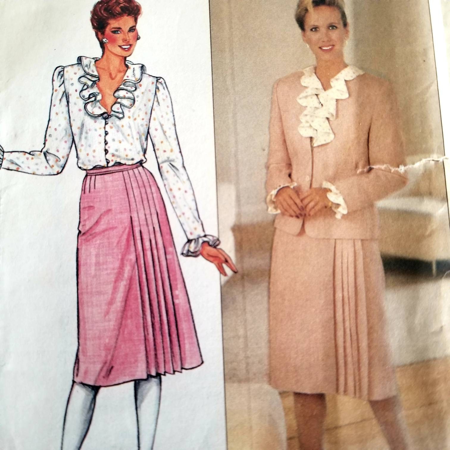 80s Side Pleated Skirt Suit & Ruffled Blouse Pattern Size 8 | Etsy