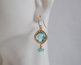 Aquamarine glass and blue Apatite dangle earrings