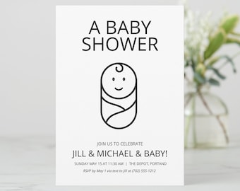 Gender Neutral Baby Shower Invitation, Unique, Black and White, Minimalist, Basic, Modern, Trendy, Evite, Text, Printable