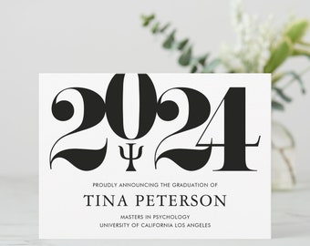 Psychology Graduation Announcement, No Photo, Black and White, Masters in Psychology Degree, Psychologist, Psi Symbol FREE PERSONALIZATION