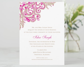 Half Saree Ceremony Invitation, Half Saree Function Invite, Ritu Kala Samskara Ceremony, Half Sari, Pink and Gold FREE PERSONALIZATION