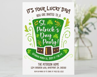 Fun Leprechaun Hat St. Patrick's Day Party Invitation, 2024, Green, Cute, March 17, Shamrock, Casual, Evite, Textable, PRINTABLE FILE