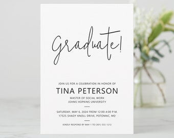 Modern Graduation Party Invitation Card, No Photo Graduation Announcement, Class of 2024 Grad Party Invite, Printable FREE PERSONALIZATION