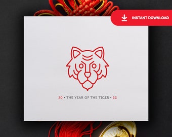 Chinese New Year Cards, Year of the Tiger Card, 2022 Postcard, Chinese Zodiac Greeting Card, Lunar New Year, Digital, Instant Download
