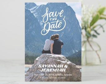 Outdoorsy Couple Save the Date, Mountain Wedding Photo Save the Date, Rustic Wedding Save the Date, Camping, Hiking FREE PERSONALIZATION