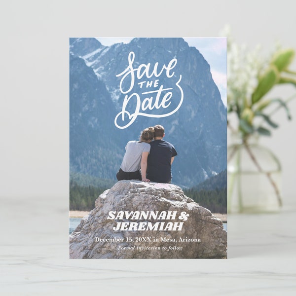 Outdoorsy Couple Photo Save the Date Invitation, mountain wedding, rustic, informal, casual, photo card, laid back couple, PRINTABLE FILE