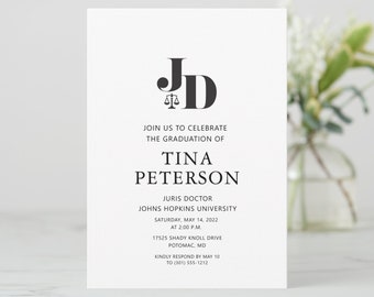 Law School Graduation Invitation, Juris Doctor, Law Degree, Scales of Justice, Party, Legal Theme, Paralegal School FREE PERSONALIZATION