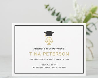 Scales of Justice Law School Graduation Announcement, Text Only, Gold and Black, Juris Doctor, Law Degree, Legal Degree FREE PERSONALIZATION