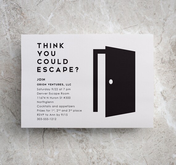 escape room invitation escape room party team building event corporate event company event fundraiser invite black and white team building invitation
