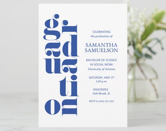 Blue No Photo Graduation Invitation or Blue Graduation Announcement, Text Only, 2024, College, Bachelors, High School FREE PERSONALIZATION