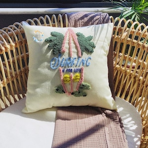 Fodera per cuscino Surf Square Punch Needle: fodera per cuscino in lino fatta a mano, arredamento per la casa, regalo
