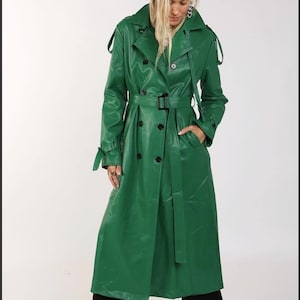 Green Leather Trench Coat Women Vintage Double Breasted Belted Jacket Emerald Smooth Leather Long Duster Matrix Winter Gift for Her