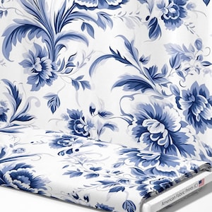 Blue Floral Fabric by the Yard, Blue Toile Fabric by the Yard, Fabric for Pillow Duvet Covers, Upholstery, Arts and Crafts, Premium Fabric