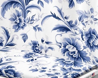 Blue Floral Fabric by the Yard, Blue Toile Fabric by the Yard, Fabric for Pillow Duvet Covers, Upholstery, Arts and Crafts, Premium Fabric
