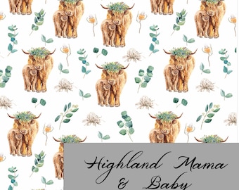 Highland Cow and Baby Fabric | Fabric by the Yard | BOHO Theme | Made in the USA by American Fabric Prints