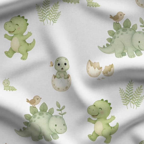 Green Baby Dinosaurs Fabric - Quilting Cotton Print - Dinosaurs, Eggs and Ferns - by AFP