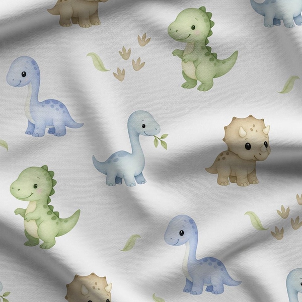 Baby Dinosaurs Fabric - Quilting Cotton Print - Blue, Green and Tan - by AFP