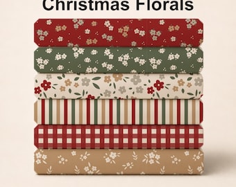 May include: A stack of six fabric swatches featuring the text Christmas Florals and Choose Your Patterns. The patterns include red, green, and tan floral prints, a red and green striped design, and a red and white checkered gingham pattern.