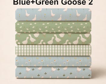 Blue and Green Goose 2 Fabric Bundle - 6 Coordinating Quilting Cotton Prints - Geese, Daisies, Gingham - by American Fabric Prints