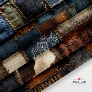 May include: A patchwork fabric print featuring a collage of denim, brown leather, and cowhide textures. The design includes visible stitching, frayed edges, and a blue paisley pattern. The logo for American Fabric Prints is in the bottom corner.