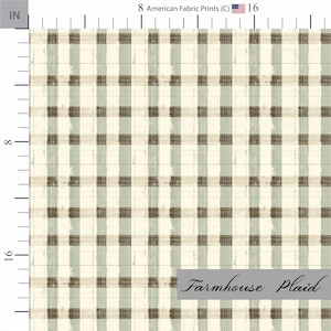 Farmhouse plaid fabric. Cream and sage green stripes. Shop now at American Fabric Prints.