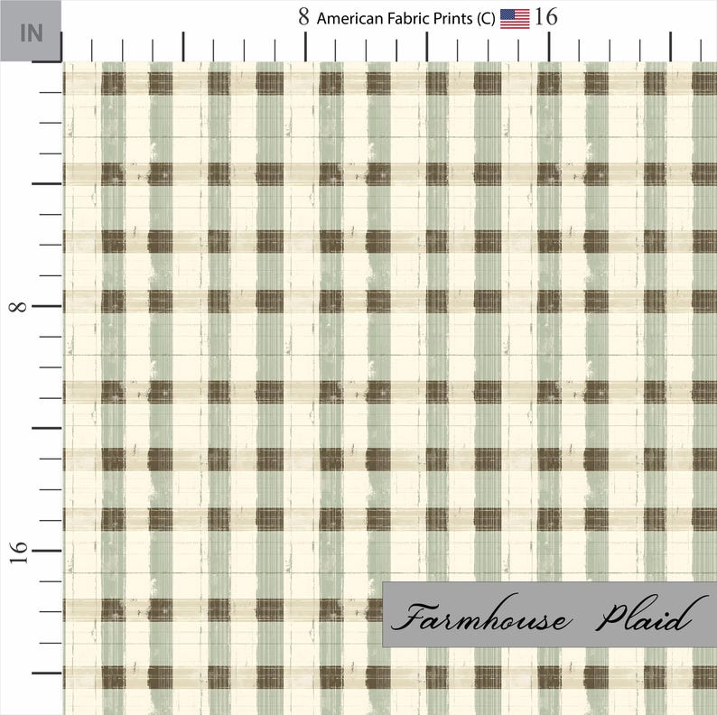 Farmhouse plaid fabric. Cream and sage green stripes. Shop now at American Fabric Prints.