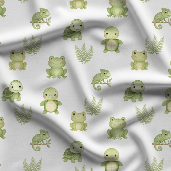 Tiny Reptiles Fabric - Quilting Cotton Print - Frogs, Turtles, Chameleons - by AFP