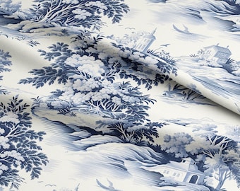 May include: A white fabric with a blue and white toile pattern featuring a repeating design of trees, houses, and rivers.