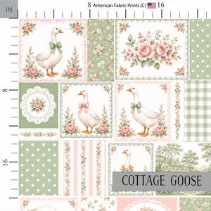 May include: A fabric print featuring a patchwork design of white geese with bows, pink roses, green polka dots, gingham checks, and floral stripes. The pattern includes a landscape scene with a house and the text COTTAGE GOOSE.