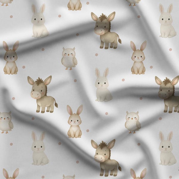 Little Farm Animals Fabric - Quilting Cotton Print - Donkeys, Rabbits, Owls - by AFP