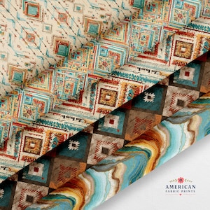 May include: A collection of fabric swatches featuring diverse patterns including geometric squares in shades of turquoise, orange, and brown, alongside a marbled design with flowing blue, gold, and white lines. The text AMERICAN FABRIC PRINTS is visible.