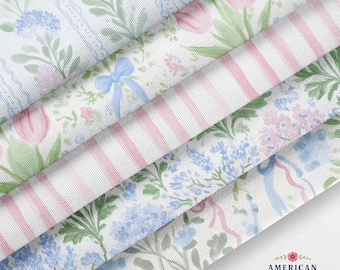 Petite Spring Floral Fabric Bundle - 5 Coordinating Quilting Cotton Prints - Pink Tulips, Blue Florals and Bows - by American Fabric Prints