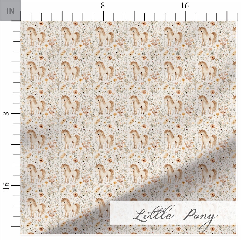 May include: A repeating pattern featuring watercolor illustrations of ponies and wildflowers in shades of beige, brown, and yellow. The text "Little Pony" is at the bottom. The design is on a white background.