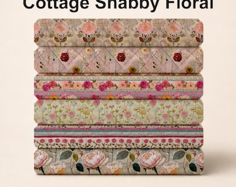 Cottage Shabby Floral Fabric Bundle - 6 Coordinating Quilting Cotton Prints - Pink, Red and Gold Roses - by AFP