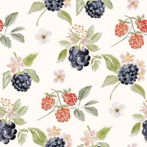 May include: A repeating pattern featuring watercolor illustrations of dark purple blackberries and bright red raspberries on a cream background. The design includes green leaves and small white and pink flowers scattered among the fruit clusters.