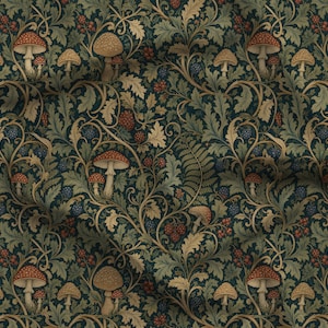 May include: A fabric featuring a repeating pattern of red-capped mushrooms, tan mushrooms, green oak leaves, and dark blue berries on a dark green background. The design includes intricate swirling vines and ferns throughout the textile surface.