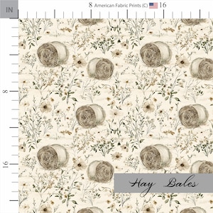 Hay bales and florals gender neutral farmhouse fabric. Made in the USA. Shop now at American Fabric Prints.