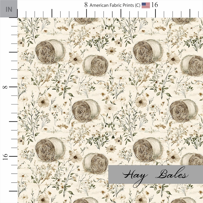 Hay bales and florals gender neutral farmhouse fabric. Made in the USA. Shop now at American Fabric Prints.