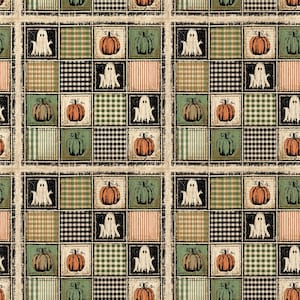 May include: A fabric pattern featuring a repeating grid of squares with illustrations of white ghosts and orange pumpkins. The design includes alternating squares of black and white buffalo check, green plaid, and orange striped patterns.