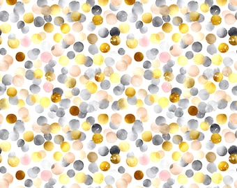 May include: A repeating pattern featuring watercolor-style circular dots in shades of metallic gold, soft pink, and various tones of gray against a solid white background. The circles vary in opacity and size, creating a scattered confetti effect.