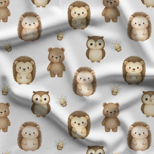 Baby Forest Creatures Fabric - Quilting Cotton - Bears, Owls, Hedgehogs, Bees - by AFP