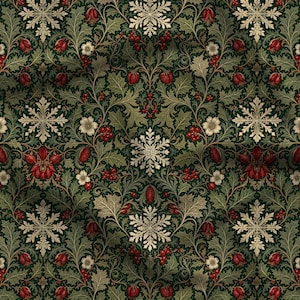 May include: A fabric featuring a repeating botanical pattern on a dark green background. The design includes cream-colored snowflakes, small white flowers, red berries, and dark red buds intertwined with intricate green foliage and leaves.