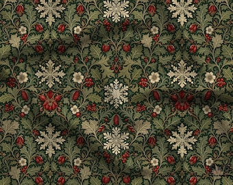 May include: A fabric featuring a repeating botanical pattern on a dark green background. The design includes cream-colored snowflakes, small white flowers, red berries, and dark red buds intertwined with intricate green foliage and leaves.