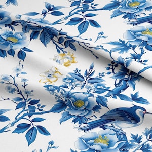 Floral Birds Fabric by the Yard, Blue and Gold Floral Pattern Fabric, Flower Fabric for Curtains, Upholstery, Pillow Covers, Couch Covering