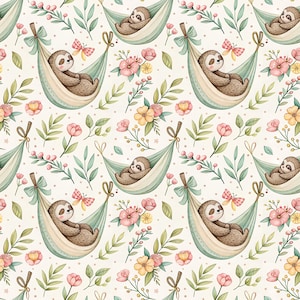 May include: A repeating pattern featuring brown sloths resting in light green hammocks tied with bows, interspersed with pink and yellow flowers, green leaves, small pink berries, and pink and yellow butterflies on a cream-colored background.