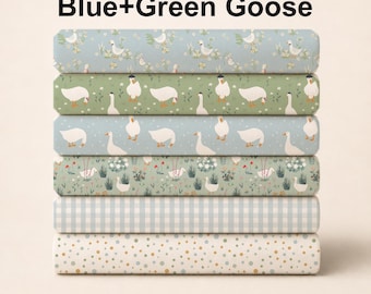 Peut inclure: Une pile de six rouleaux de tissu pliés présentant divers motifs, dont des oies blanches sur fond bleu et vert, un motif vichy bleu clair et un tissu blanc à petits pois orange et bleus. Le texte indique Blue+Green Goose.