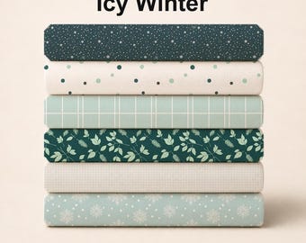 May include: A stack of six folded fabric bolts labeled Icy Winter and Choose Your Patterns. The patterns include dark teal with white snowflakes, cream with teal dots, light teal with white grid lines, dark teal with leaves, cream grid, and light teal with snowflakes.